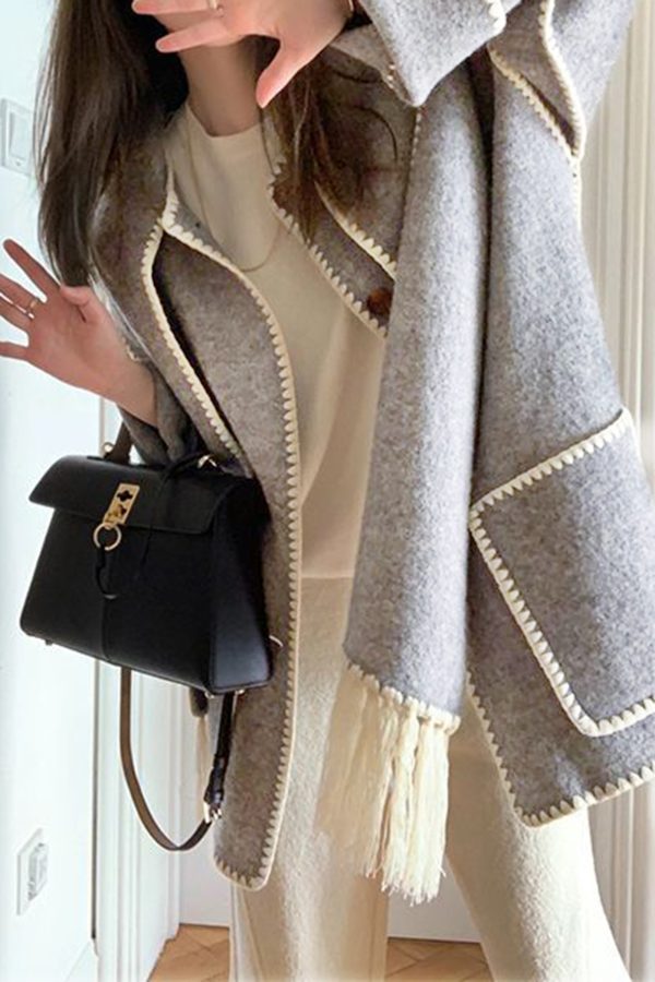 Light Steel Blue Contrast Drop Shoulder Wool-Blend Tweed Coat with Scarf